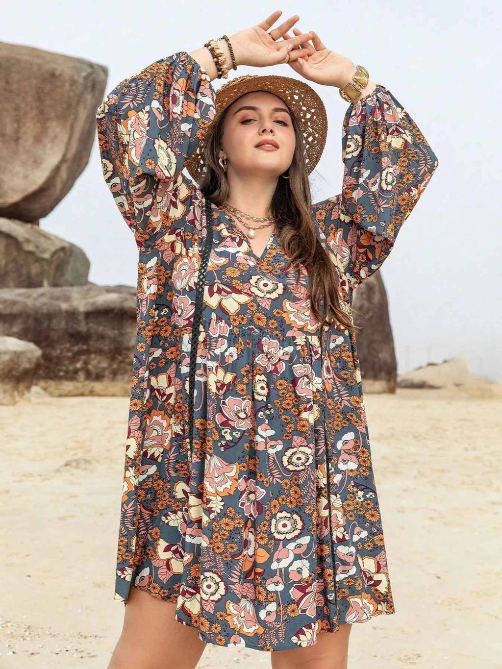 Plus Size Floral Print Long Sleeve Mini Dress Multicolor 3f057836-300f-407d-9250-a6265d19d5e8-Max-Origin