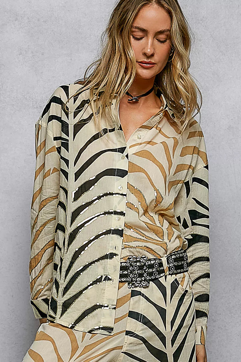 Two-Tone Printed Woven Spangle Long Sleeve Shirt CREAM ZEBRA MULTI 3f082080-d245-443f-833b-2b243f3fe9f3-Max-Origin