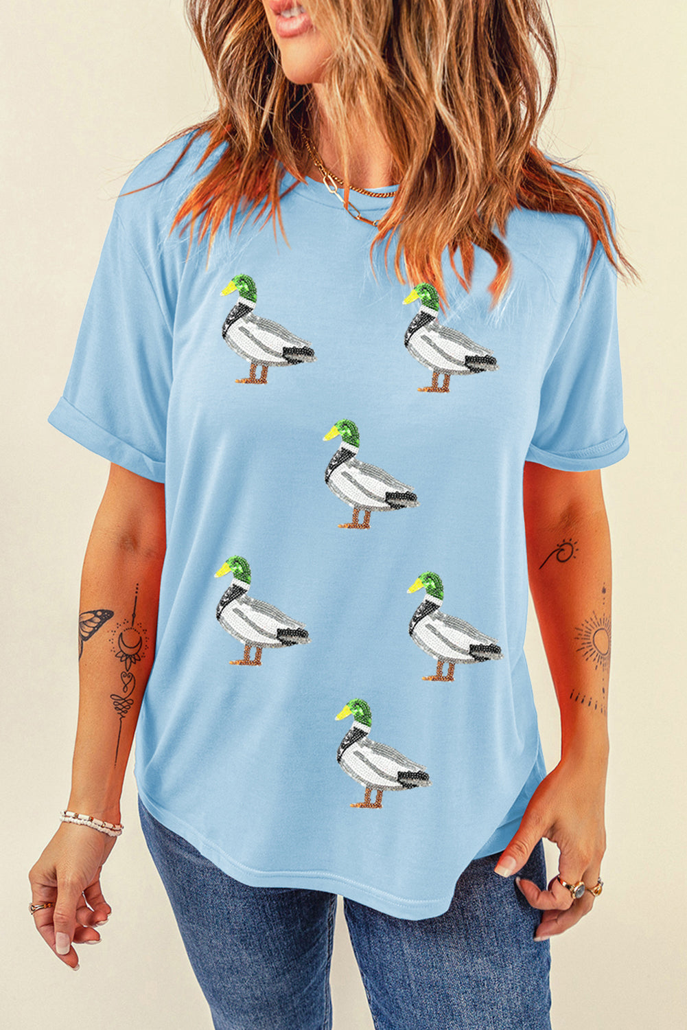 Light Blue Mallard Duck Graphic Sequins Patch Casual Tee 3f0a3113c8e6f405