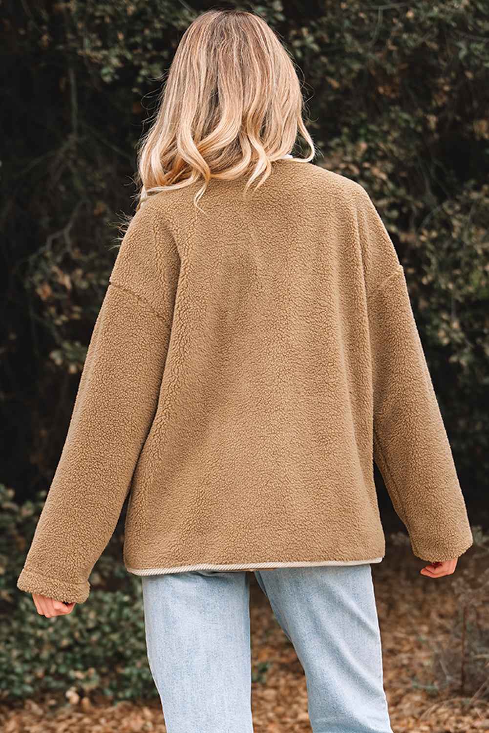 Light French Beige Puffy Plush Corduroy Edge Patchwork Jacket with Big Pockets 3f0aa8a0e3ab946d