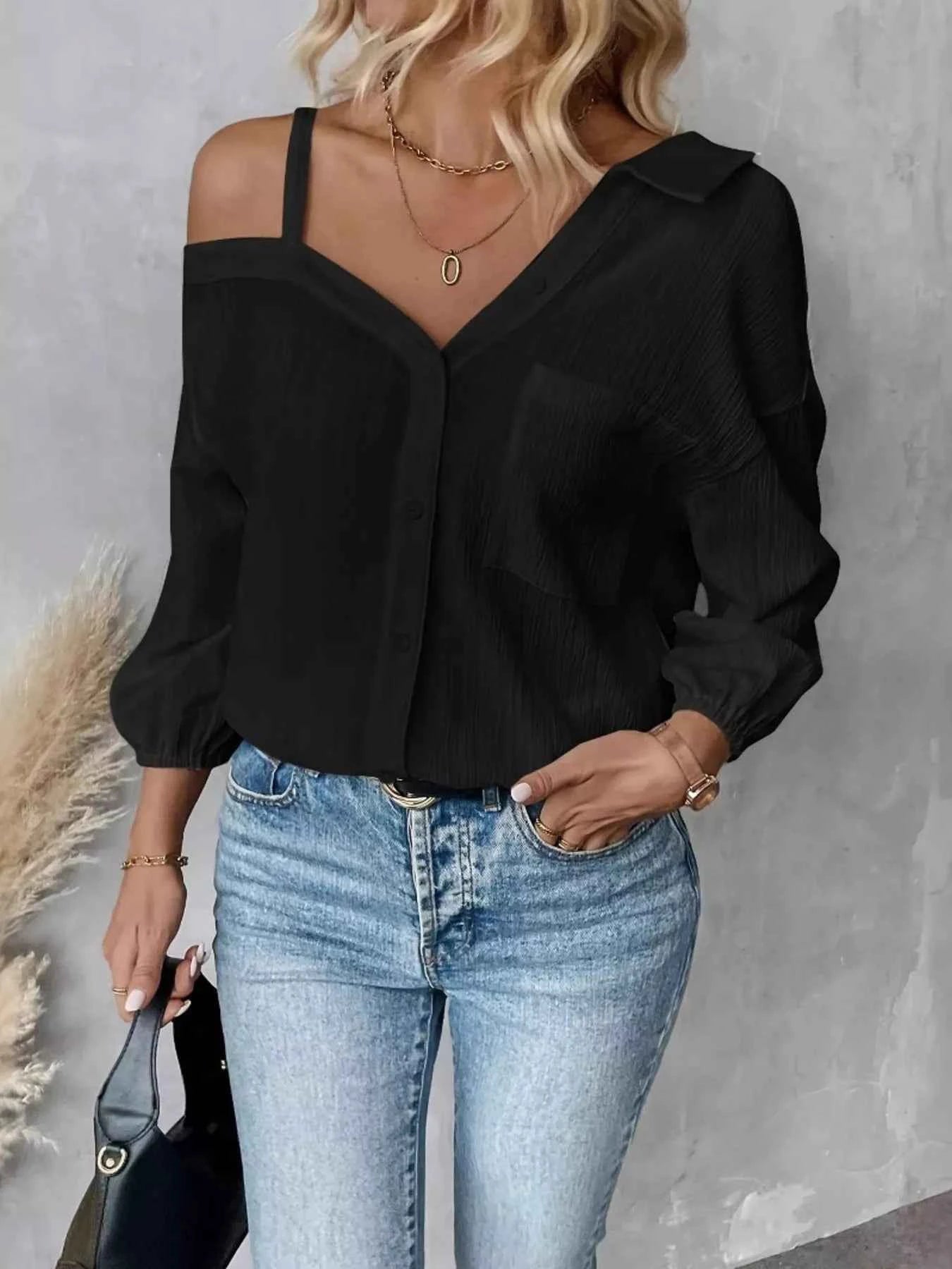Asymmetrical Cold Shoulder Button Up Shirt