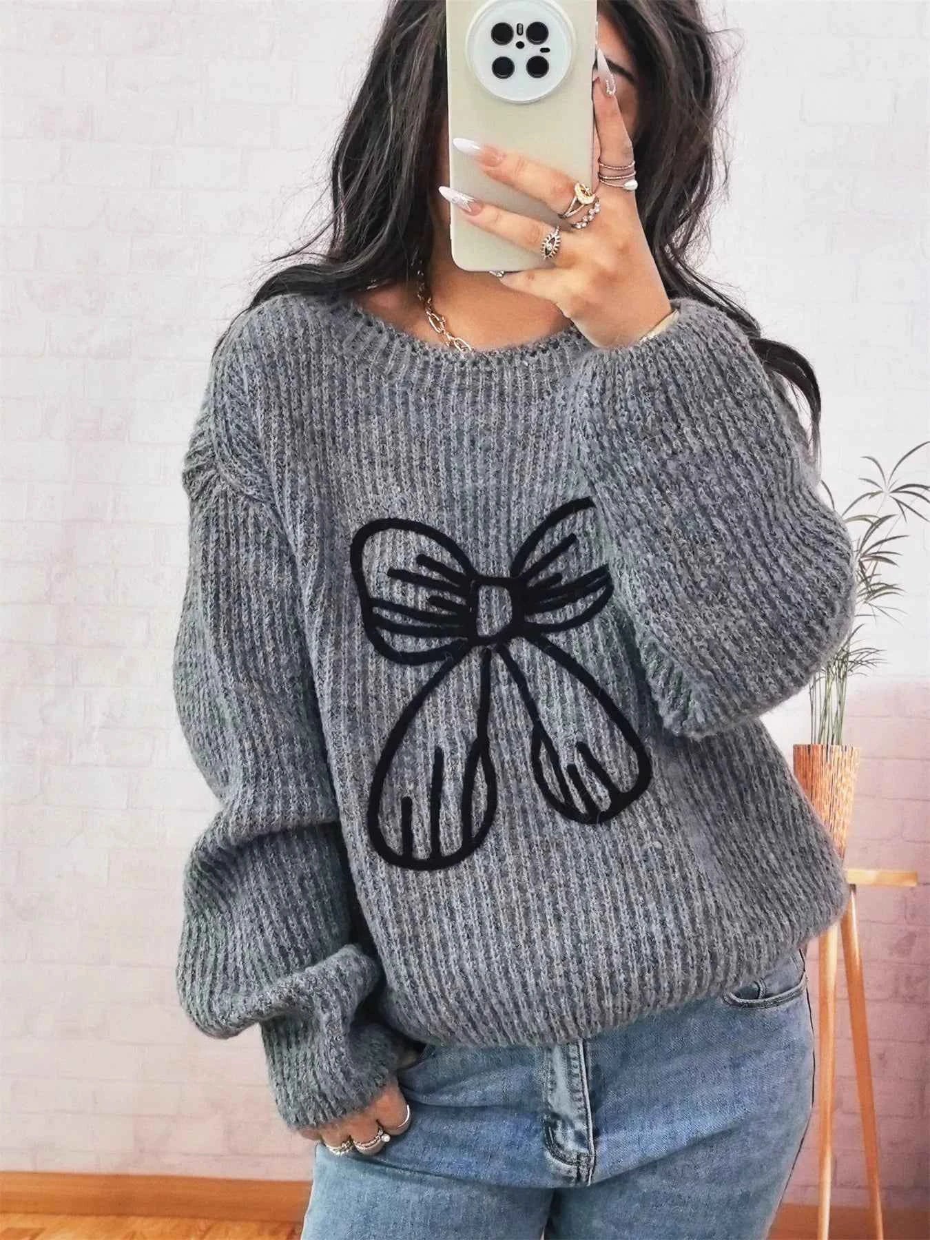 Bow Round Neck Long Sleeve Sweater Gray One Size 3f153d216d9b46f498d022942014ee73-Max-Origin