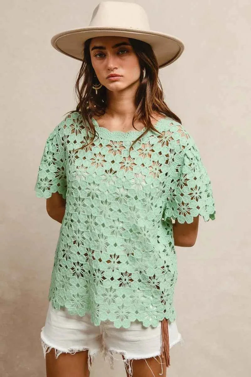BiBi Openwork Crochet Short Sleeve Knit Top 3f18ab497e40493b9860ce7526a90630-Max-Origin