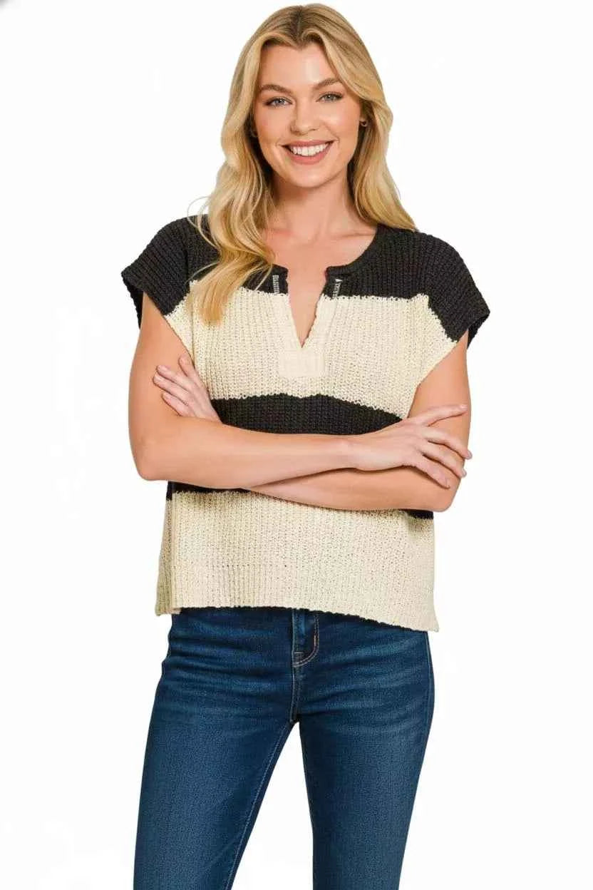 Zenana Split Neck Sleeveless Stripe Sweater 3f1c457d-b6a6-4090-be1b-f1f880276dbb-Max-Origin