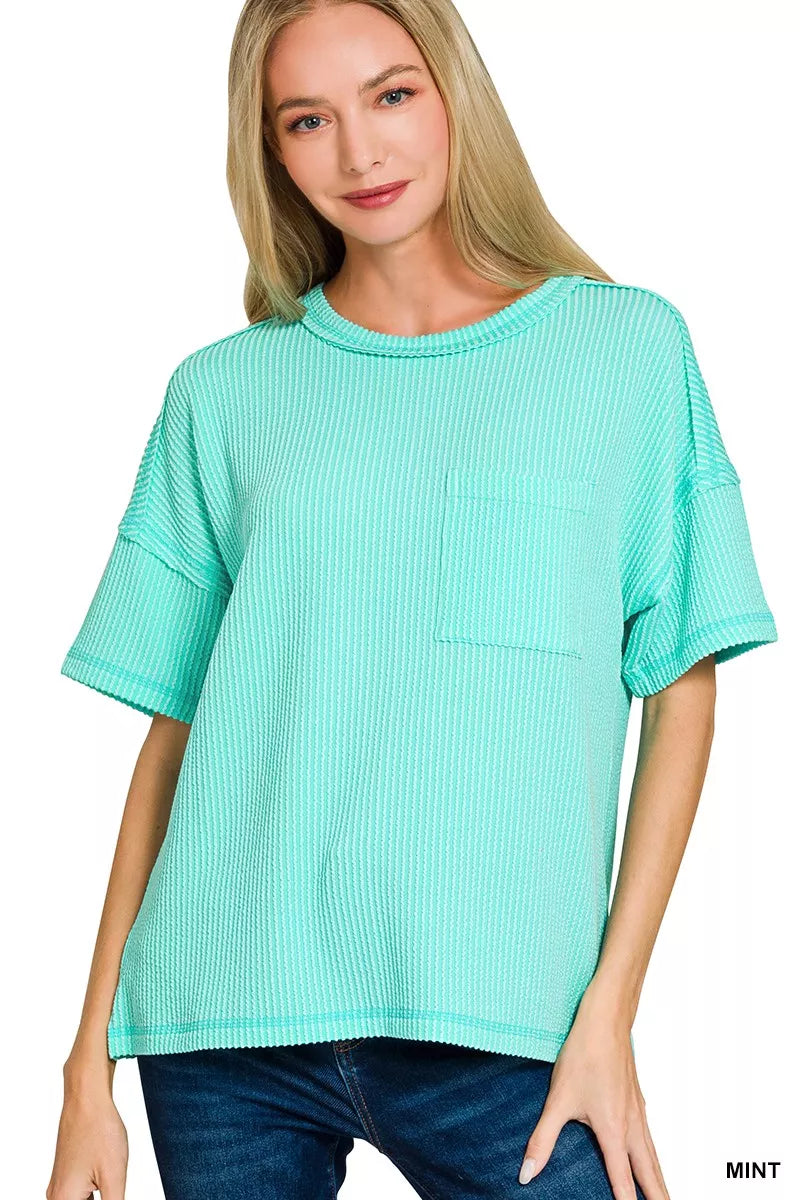 Zenana Raised Rib Exposed Seam Short Sleeve Top MINT 3f233a44e827413bb258137c8f182b2b-Max-Origin