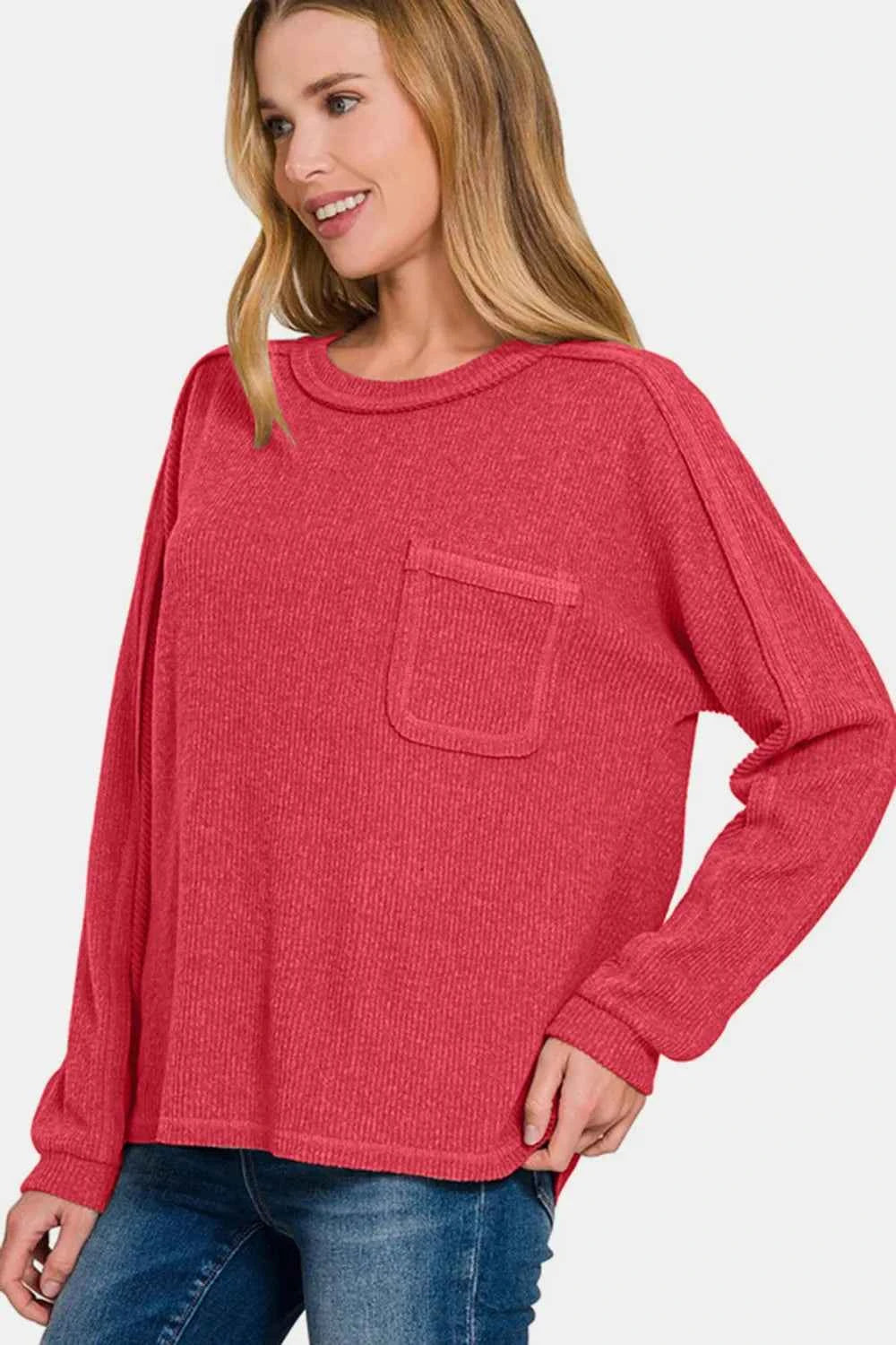 Zenana Full Size Contrast Stitching Brushed Ribbed Hacci Knit Top 3f25f144-fbf3-4f8c-be06-99e5eda0cea7-Max