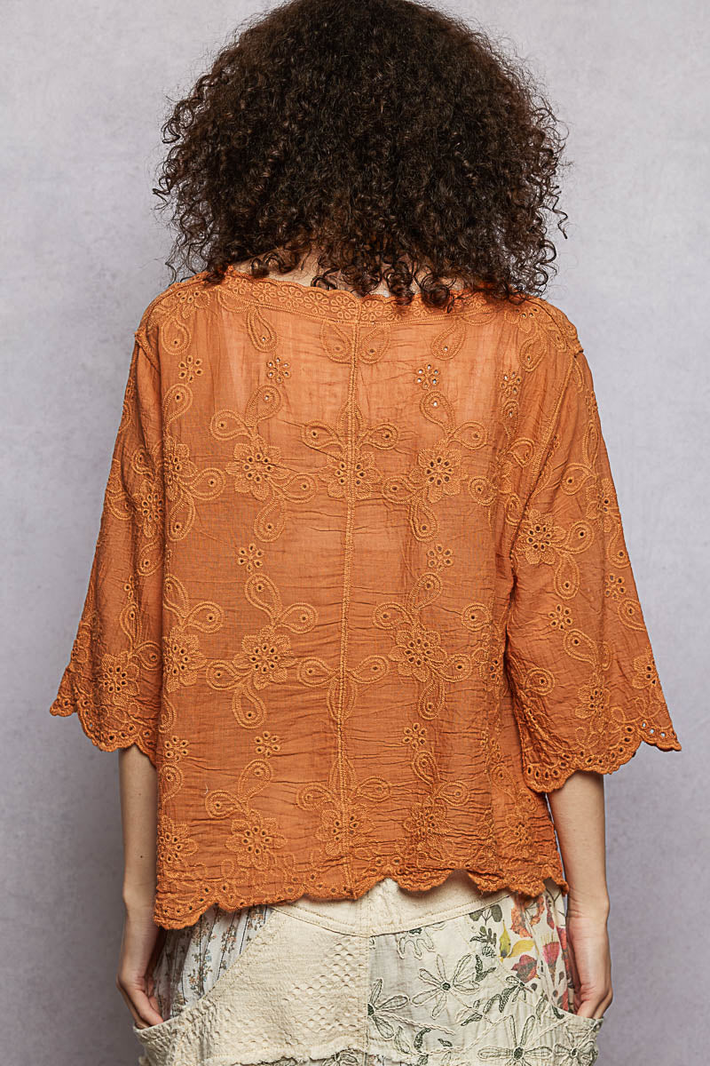 POL Floral Eyelet V-Neck Salloped Shirt 3f27265d-cfdb-4c4b-ba5f-0f48052124c0-Max