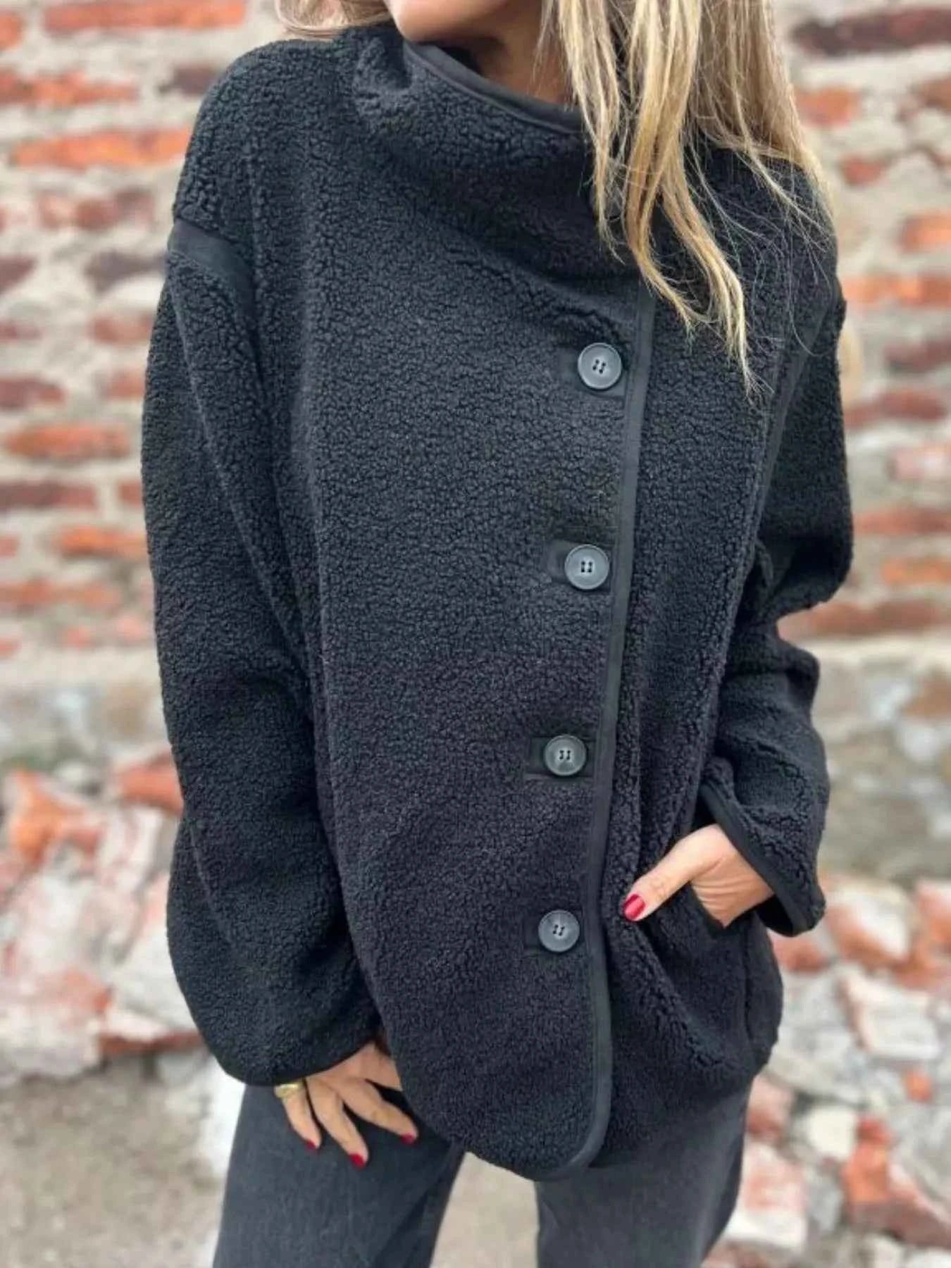 Full Size Button Up Long Sleeve Fleece Jacket Plus Size Black 3f294184-1dc8-42c6-88dc-20ff60bc5c65-Max-Origin