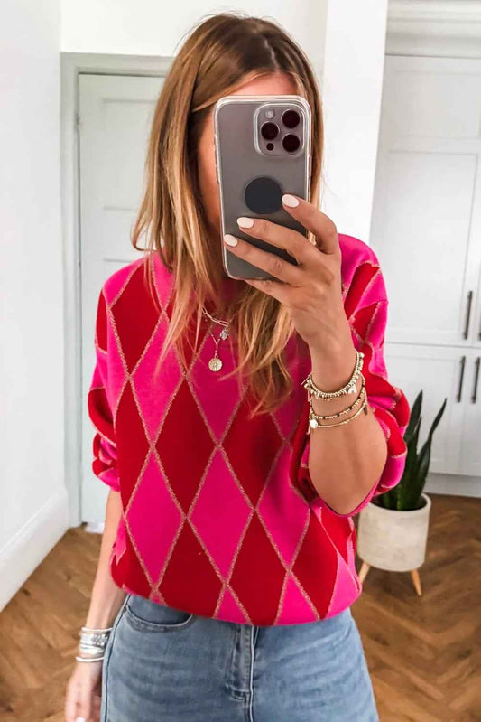 Rose Red Glitter Rhombus Pattern Knit Womens Casual Sweater 3f2d3b3c55b19e6a