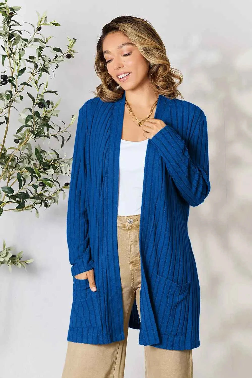 Basic Bae Full Size Ribbed Open Front Cardigan with Pockets 3f2f15df215a4053a10a70ca17341235-Max