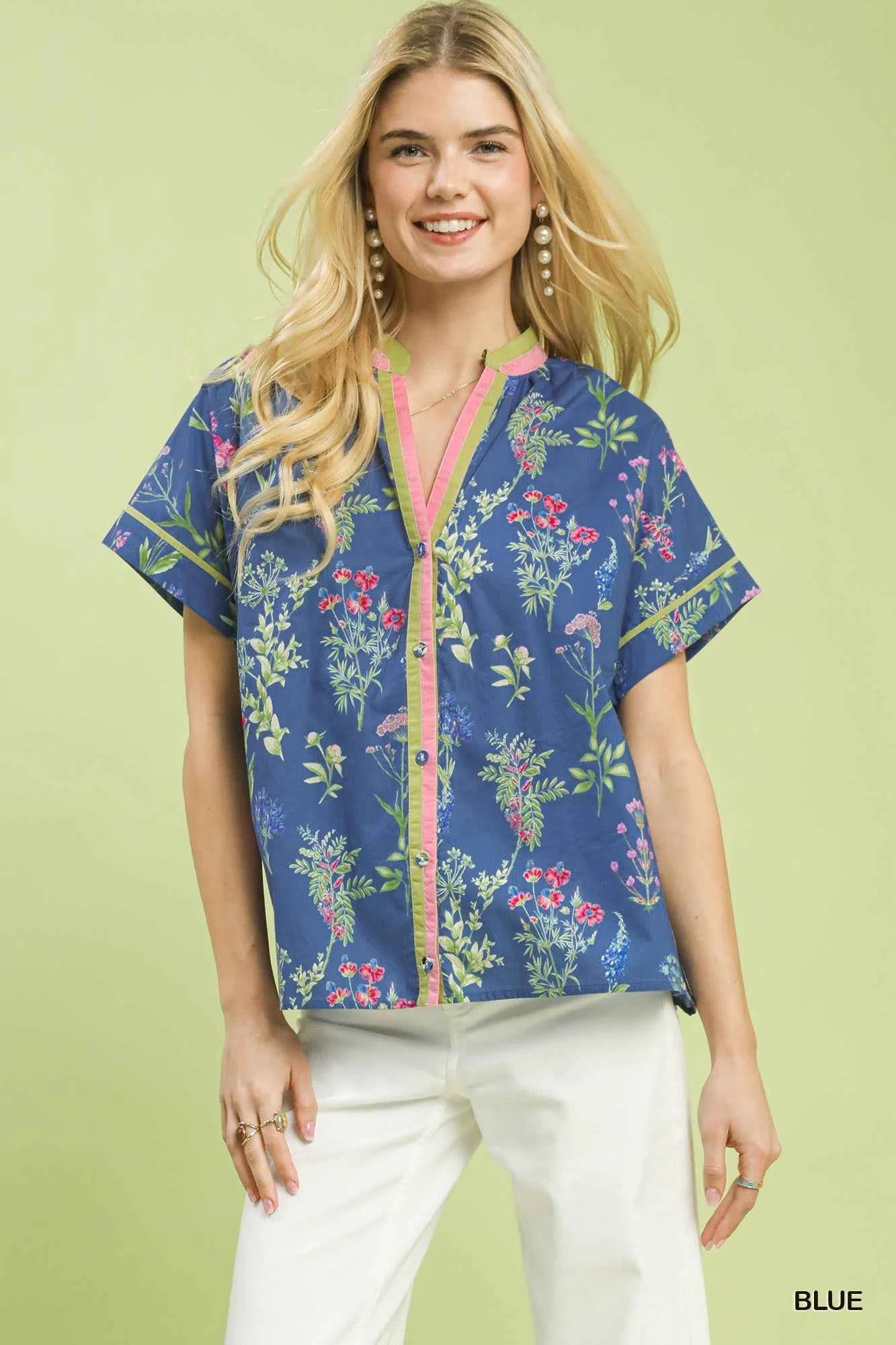 Umgee Botanical Floral Button Front Top Blue 3f33b735-cf3d-449d-a5ab-392be444549d-Max