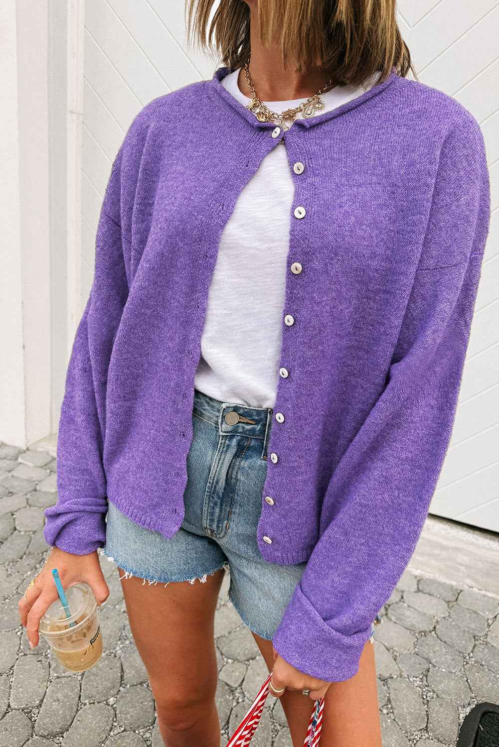 Wisteria Solid Color Knit Button Drop Shoulder Sweater Cardigan Wisteria 65%Acrylic+35%Polyamide 3f348d57591c5b58