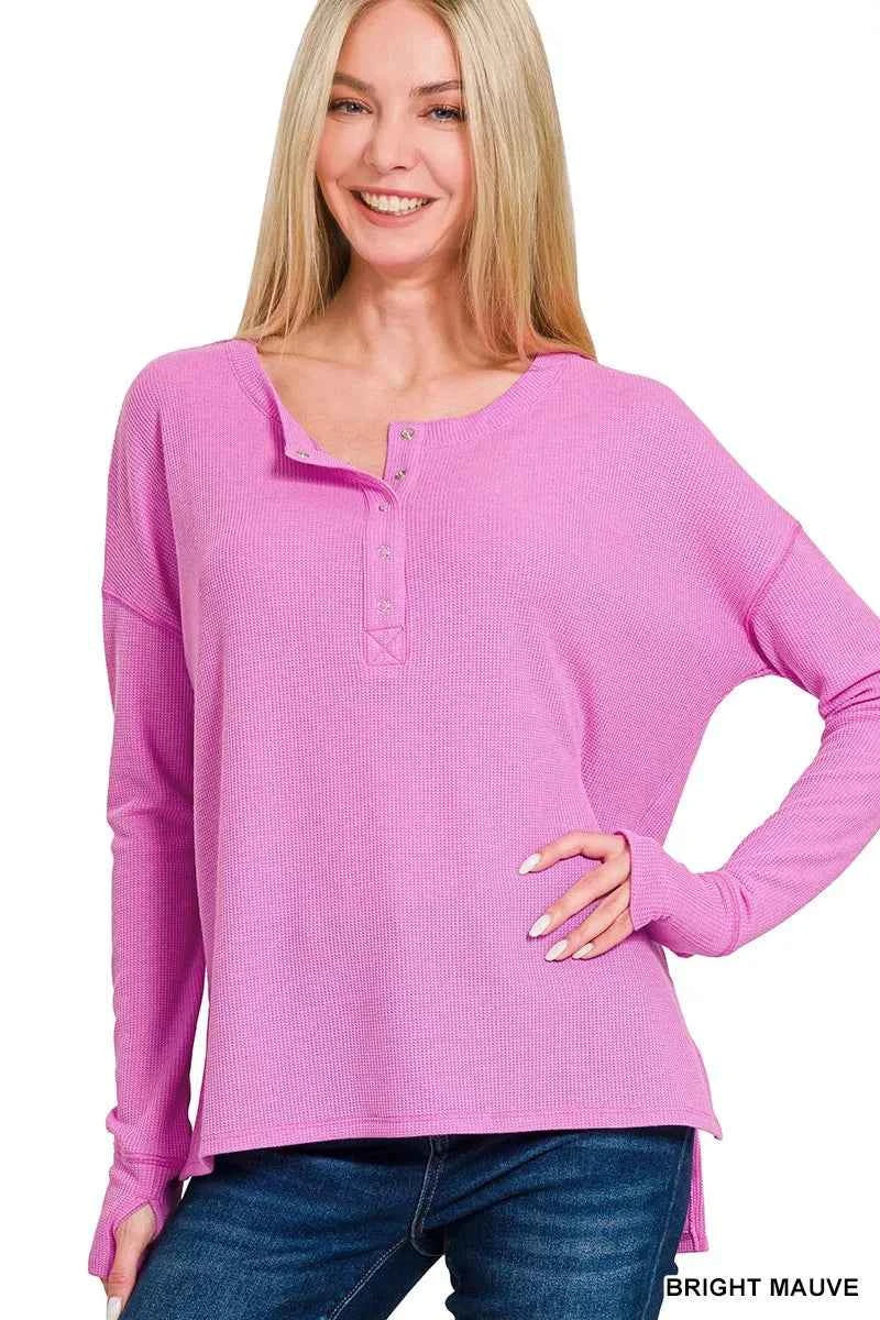 Zenana Waffle Thumb Hole Cuffs Henley Tee BRIGHT MAUVE 3f361456a9ae4e69a585f6907db7ef82-Max-Origin