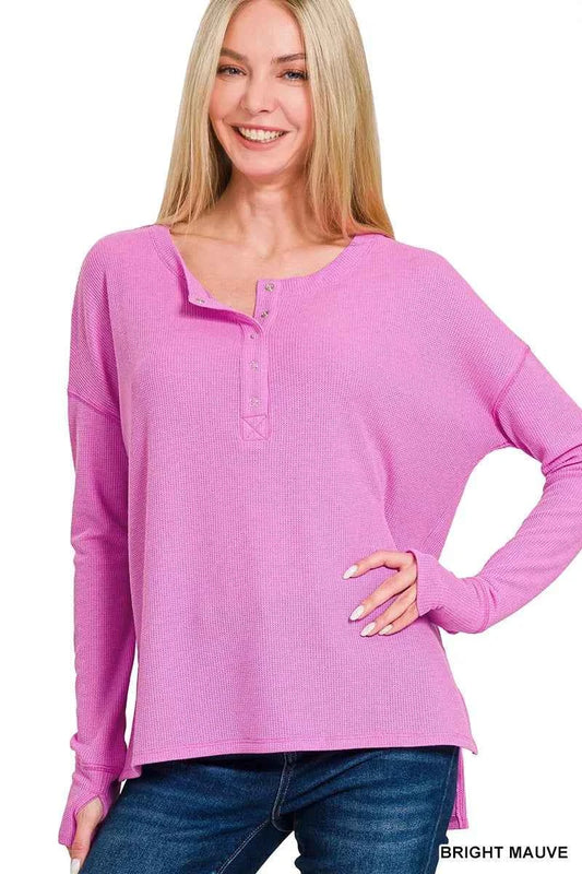 Zenana Waffle Thumb Hole Cuffs Henley Tee BRIGHT MAUVE 3f361456a9ae4e69a585f6907db7ef82-Max-Origin