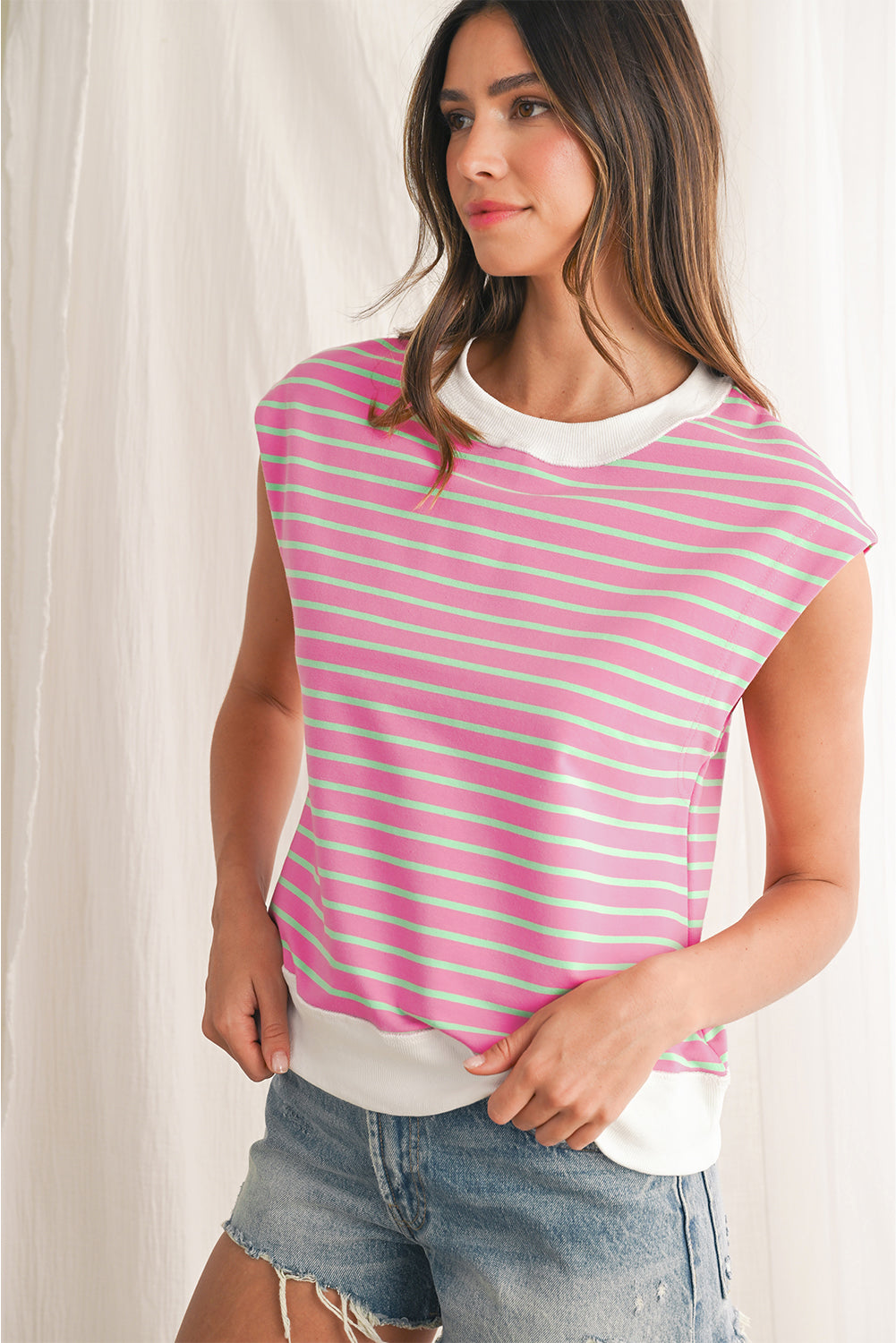 Sachet Pink Striped Contrast Trim Top 3f386b97c417aa60
