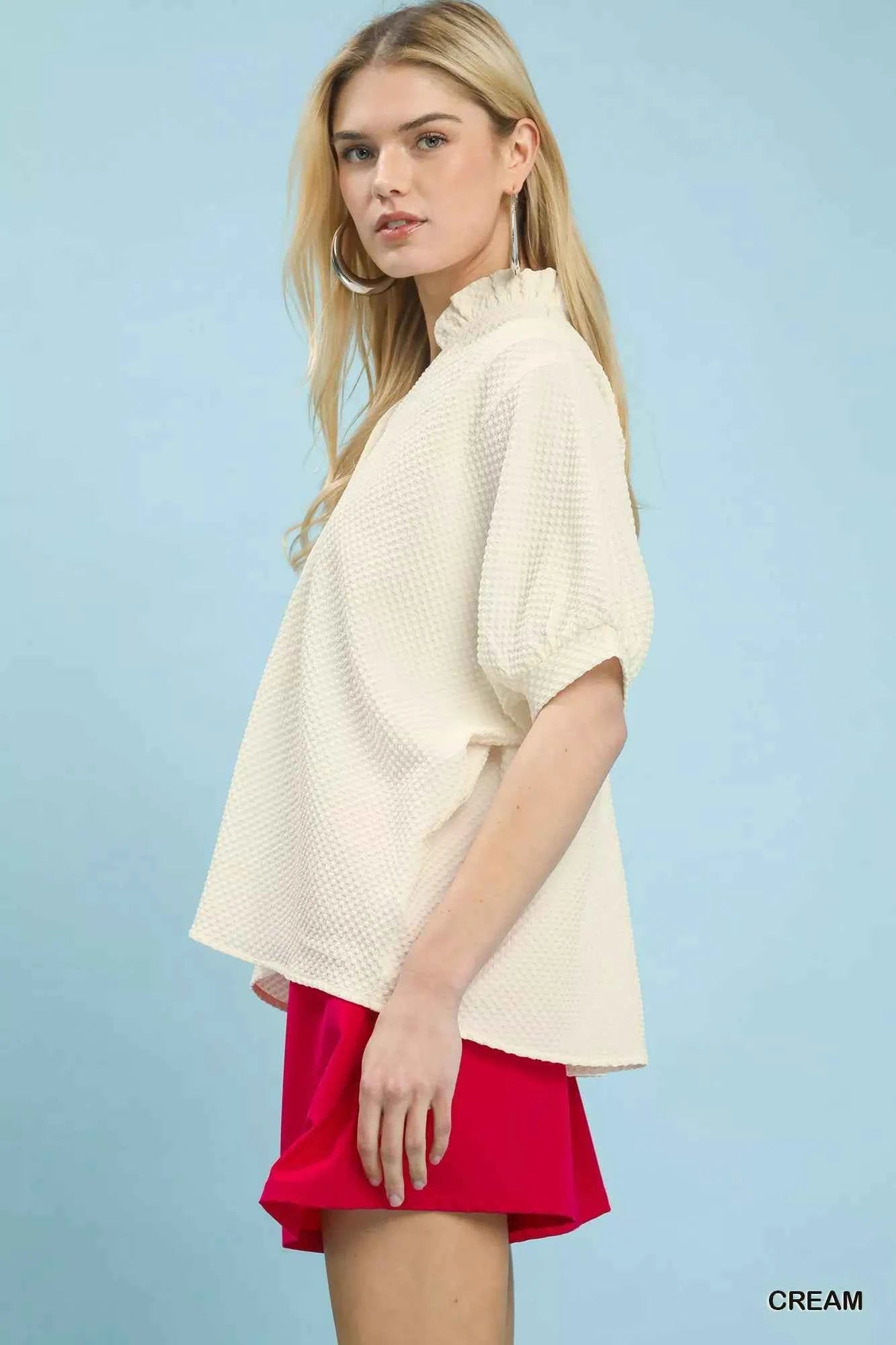 Umgee Textured Jacquard Short Sleeve Top 3f3b4aa7-d419-42d4-9237-9f4cab689d2e-Max-Origin