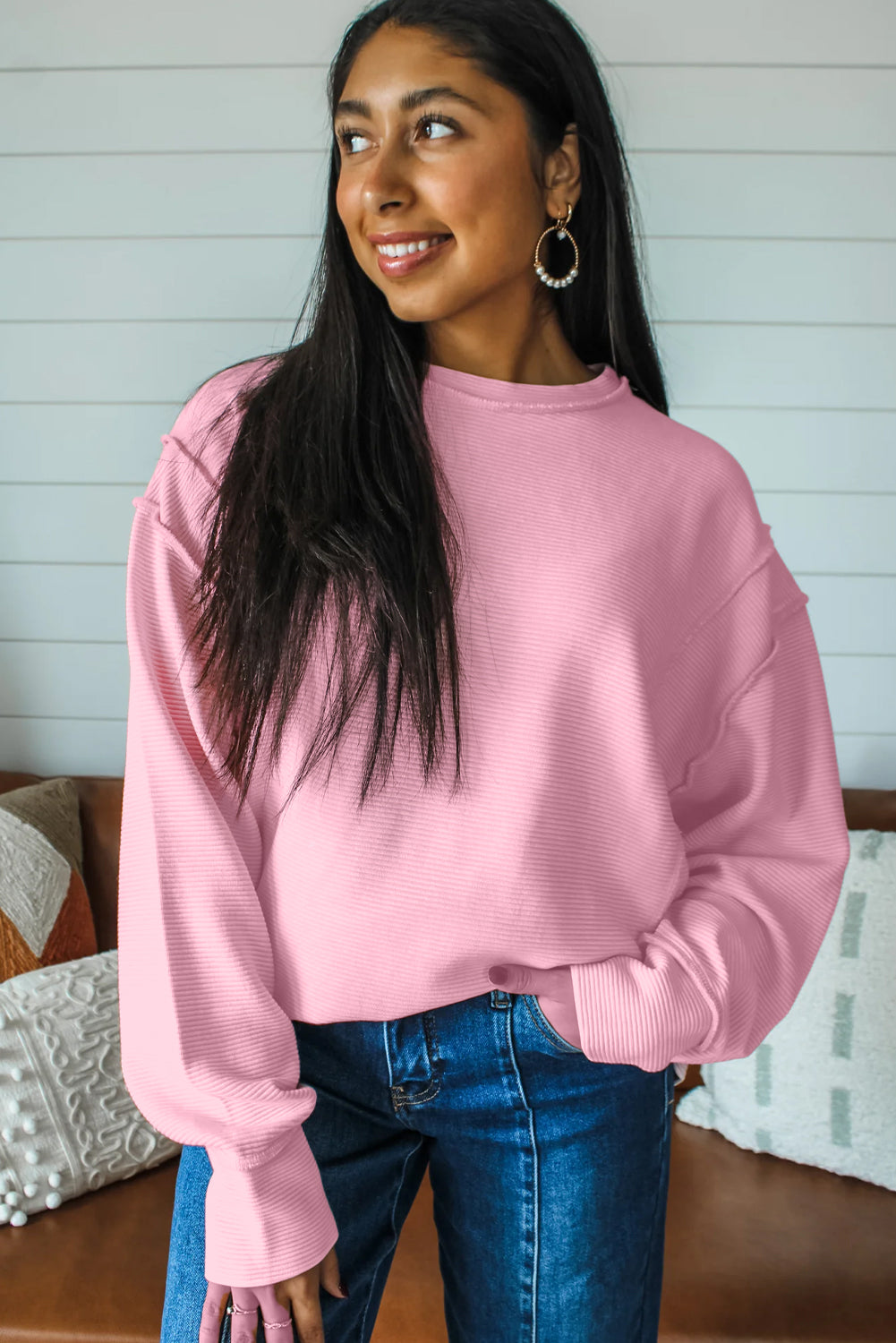 Lavendula Horizontal Ribbed Exposed Seam Detail Drop Shoulder Baggy Pullover 3f3c895e24dfe1eb