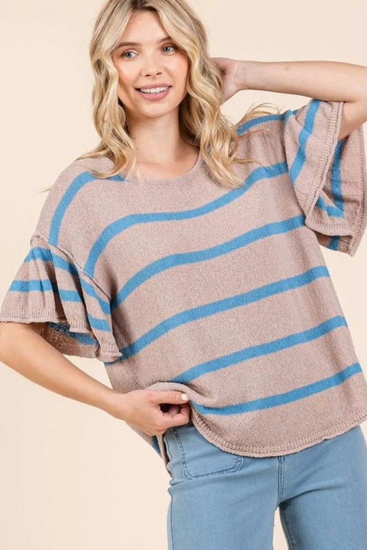 Striped Flounce Sleeve Knit Top 3f3cd0e5-9064-4a3e-89fb-cf7bd84bdc9d-Max
