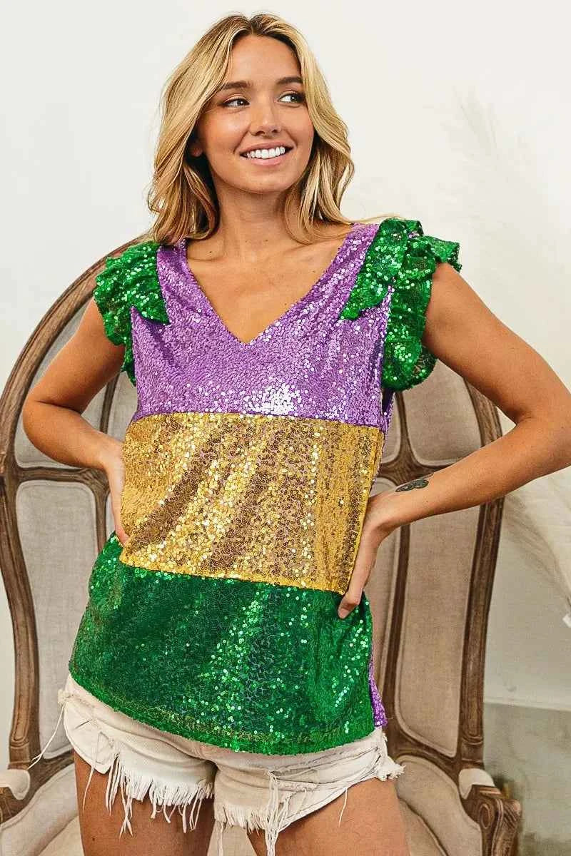 BiBi Mardi Gras Sequin Color Block Ruffled Top 3f3de2f2aec04d6296e3d74136b8a359-Max-Origin