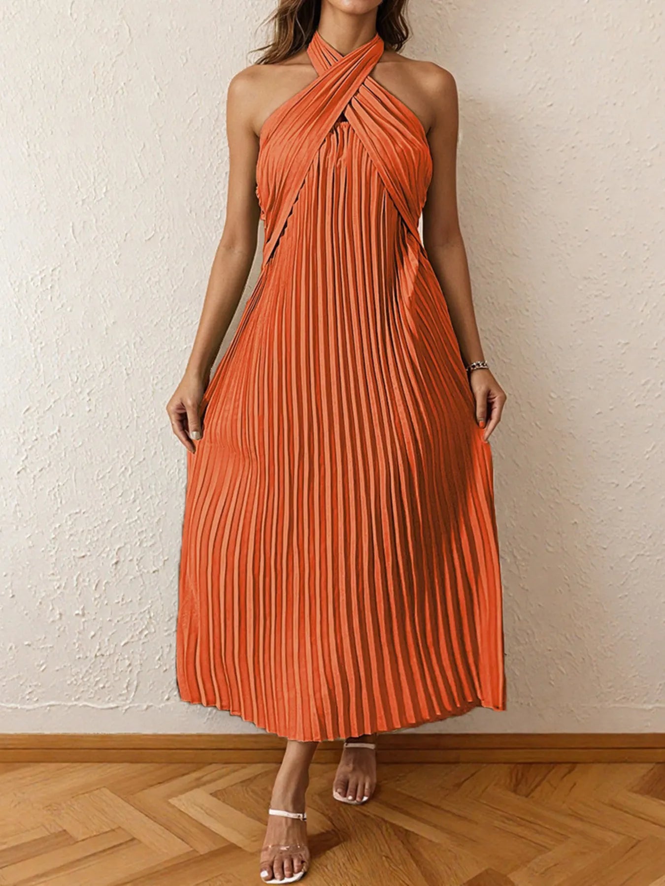 Pleated Halter Neck Midi Dress Orange 3f40dec51d61478bb314c72acd517901-Max-Origin