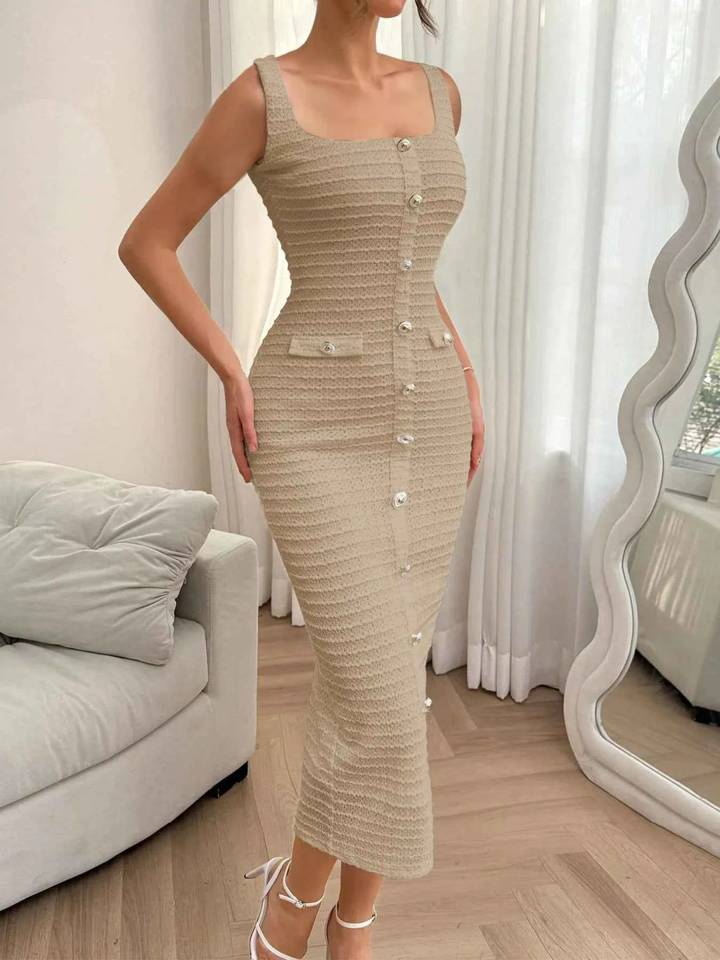 Slit Square Neck Sleeveless Midi Dress Khaki 3f414f3bcc97429b9a082e3f165f7a49-Max-Origin