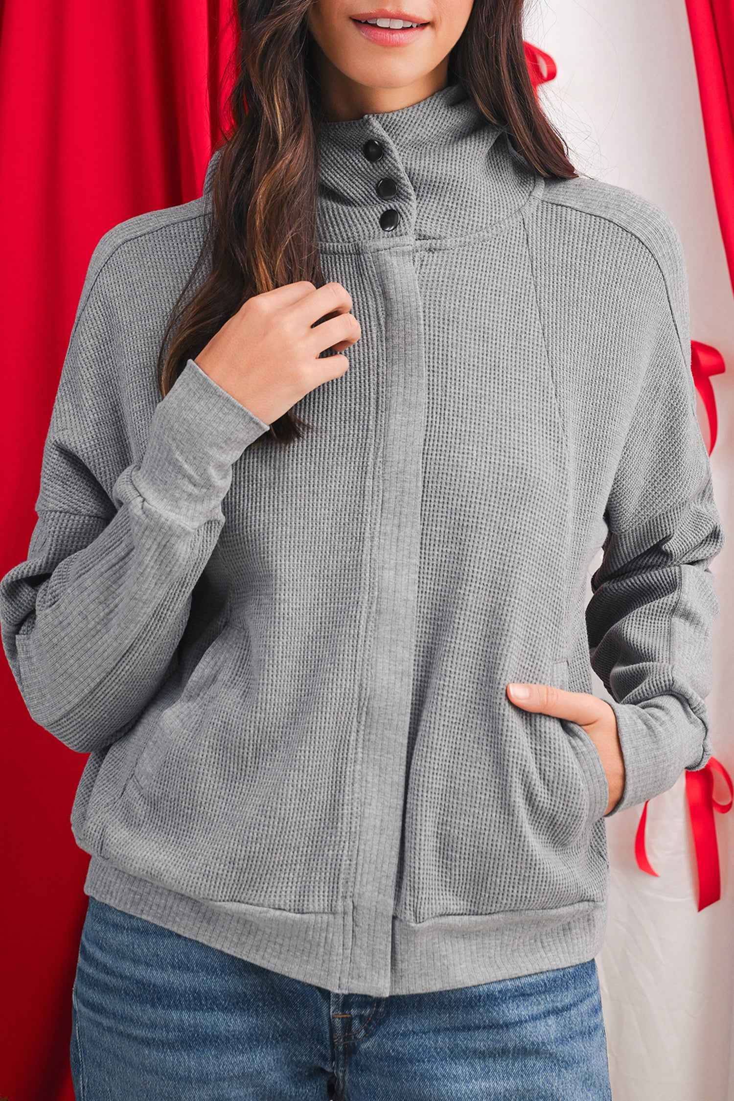 Burgundy Waffle Splicing Zip Up Front Button Hooded Jacket 3f419ad17aa9d9ab