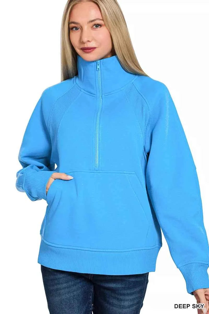 Zenana Half Zip Fleece Sweatshirt with kangaroo Pocket DEEP SKY 3f425ea027e740db9992854119352e71-Max-Origin
