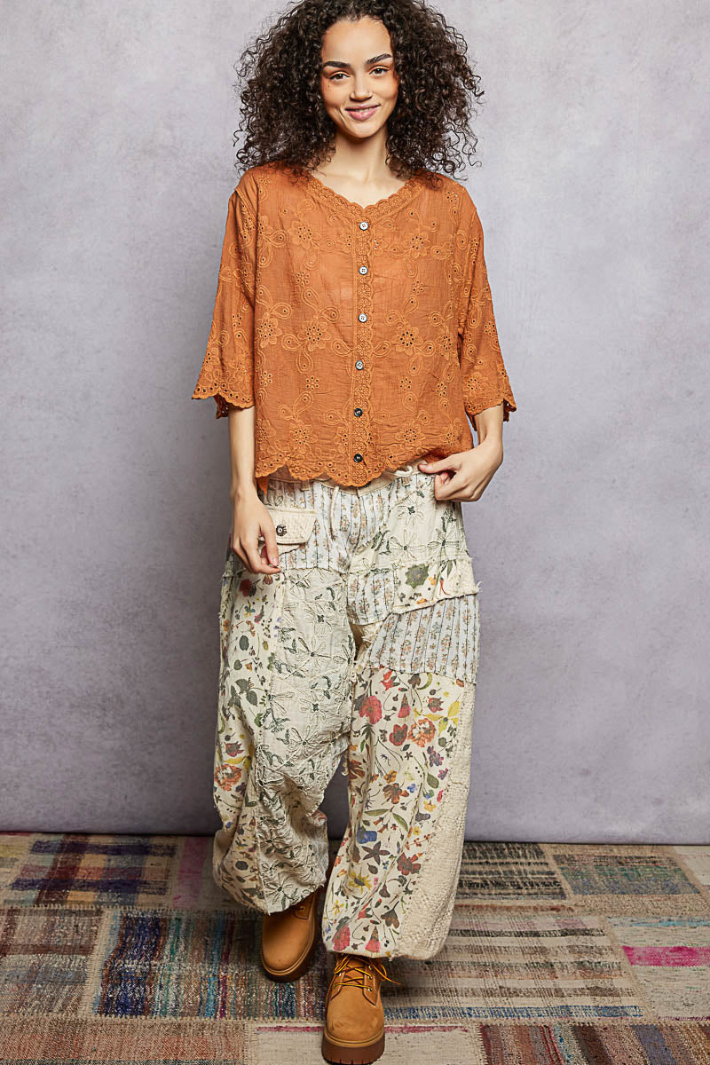 POL Floral Eyelet V-Neck Salloped Shirt 3f428ba4-8c03-424d-a548-eef91e57ba18-Max