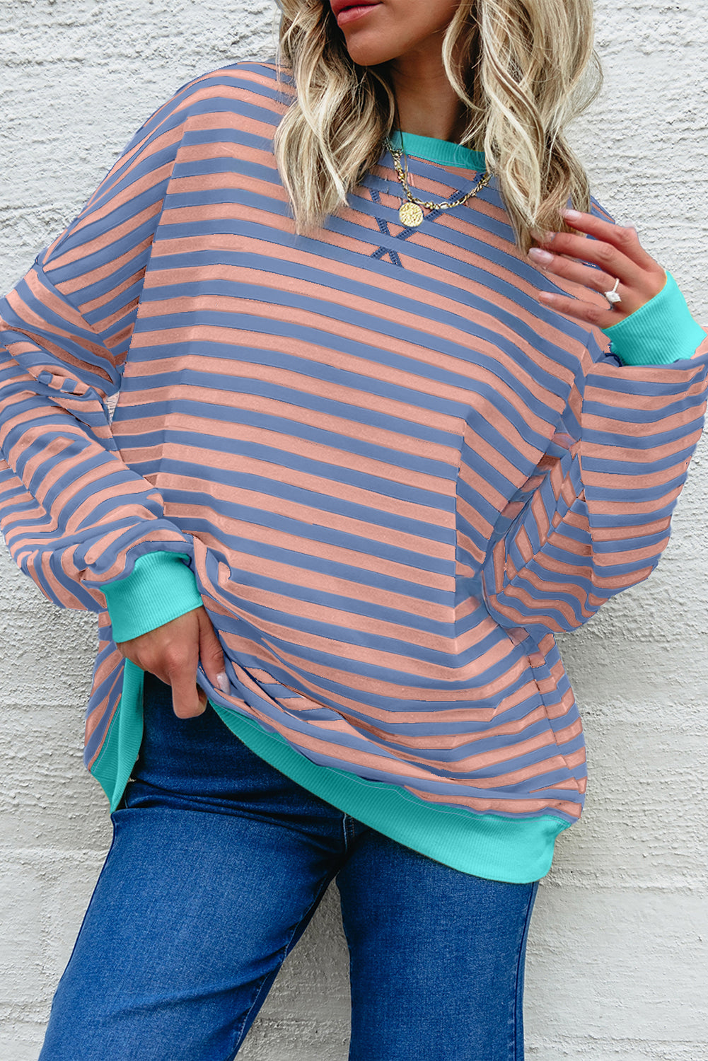 White Striped Contrast Trim Drop Shoulder Sweatshirt 3f4711a32d50dc59