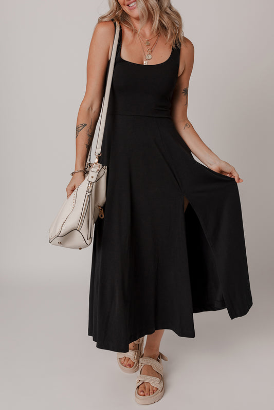 Black Sleeveless Scoop Neck Flared Split Midi Dress 3f48006b31b02088
