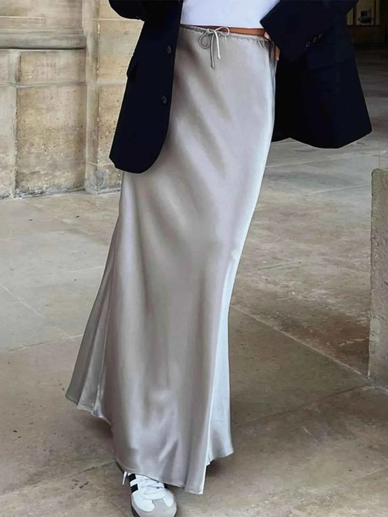 Satin Maxi Skirt with Drawstring Waist Gray 3f4ab2fb06f74cd7ae5bd51587a43817-Max-Origin