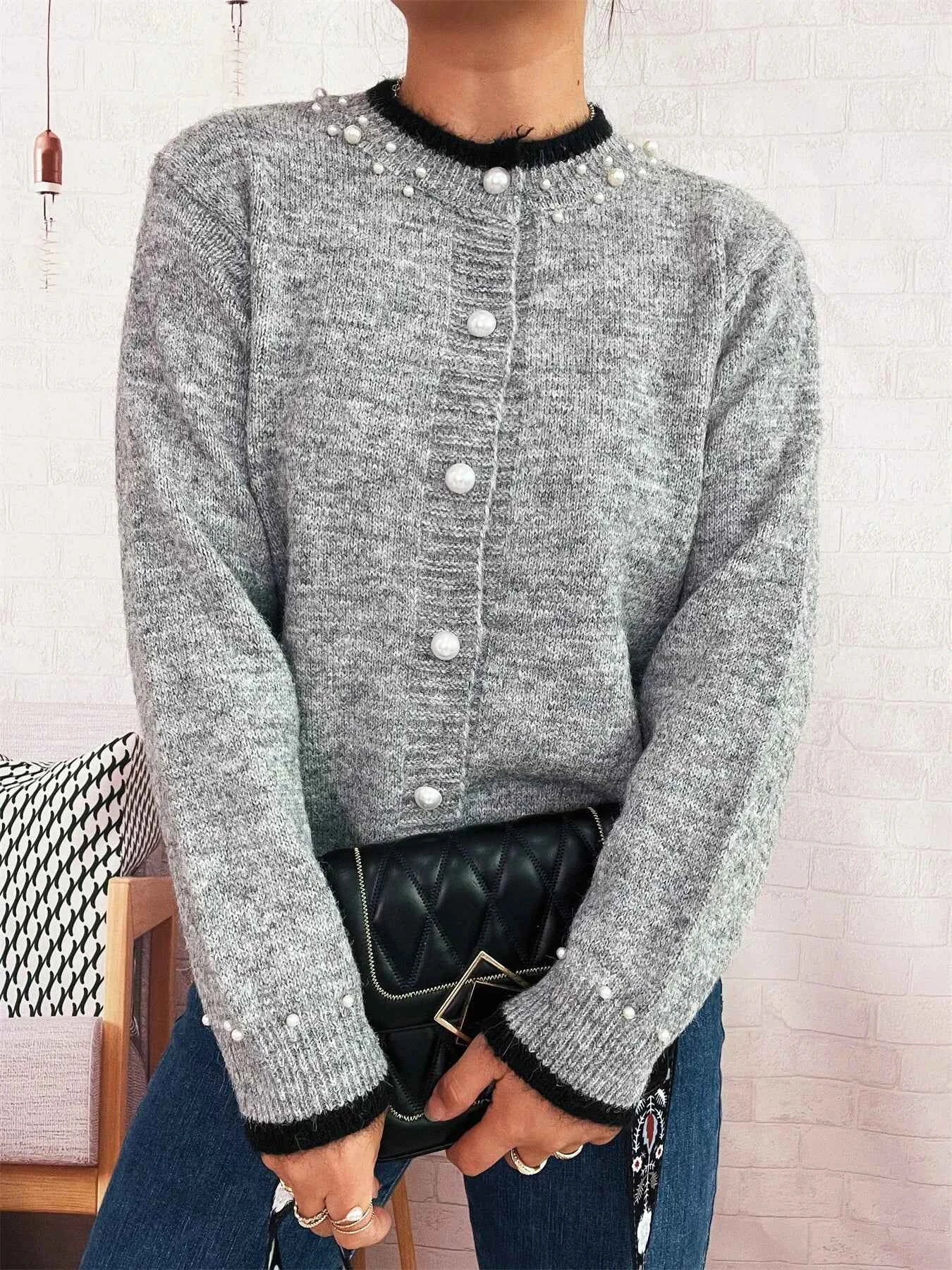 Pearl Embellished Button-Front Cardigan Gray One Size 3f4c99023de640cd8c1a6a311be08683-Max-Origin
