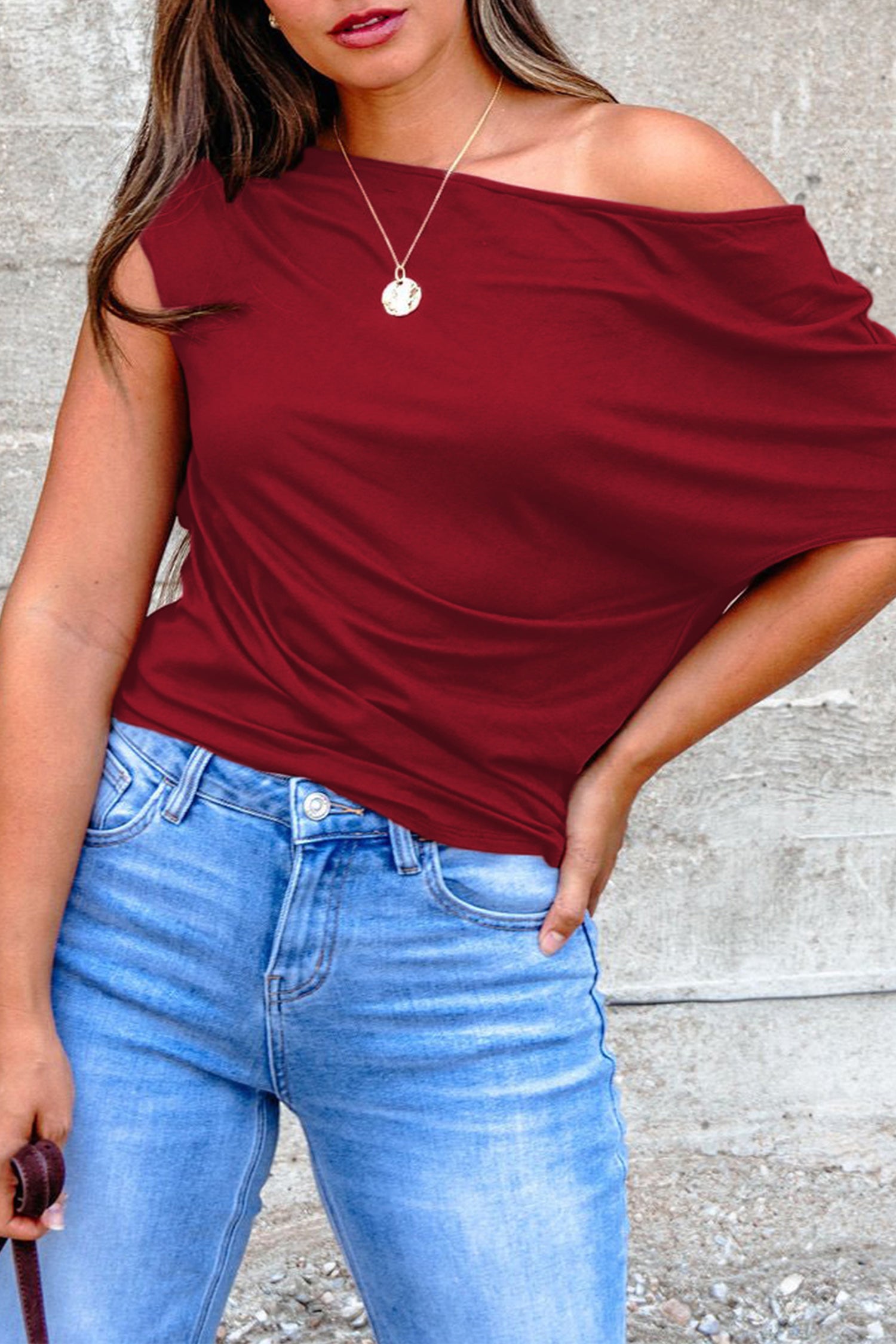 Blue Sapphire Plus Size Solid Color Asymmetric Neck Short Sleeve Blouse Burgundy 62%Polyester+32%Cotton+6%Elastane 3f4f9b1da2cc77ed