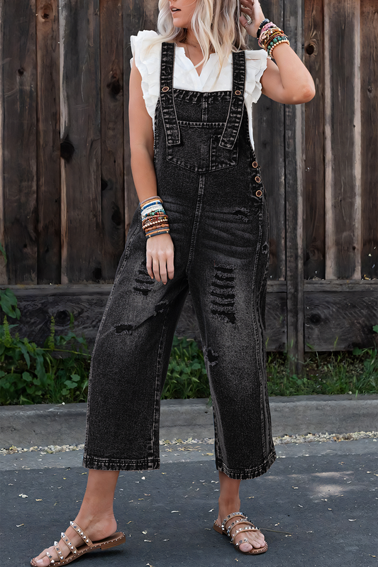 Black Distressed Bib Pocket Wide Leg Denim Overall 3f522b0b5b26b3db