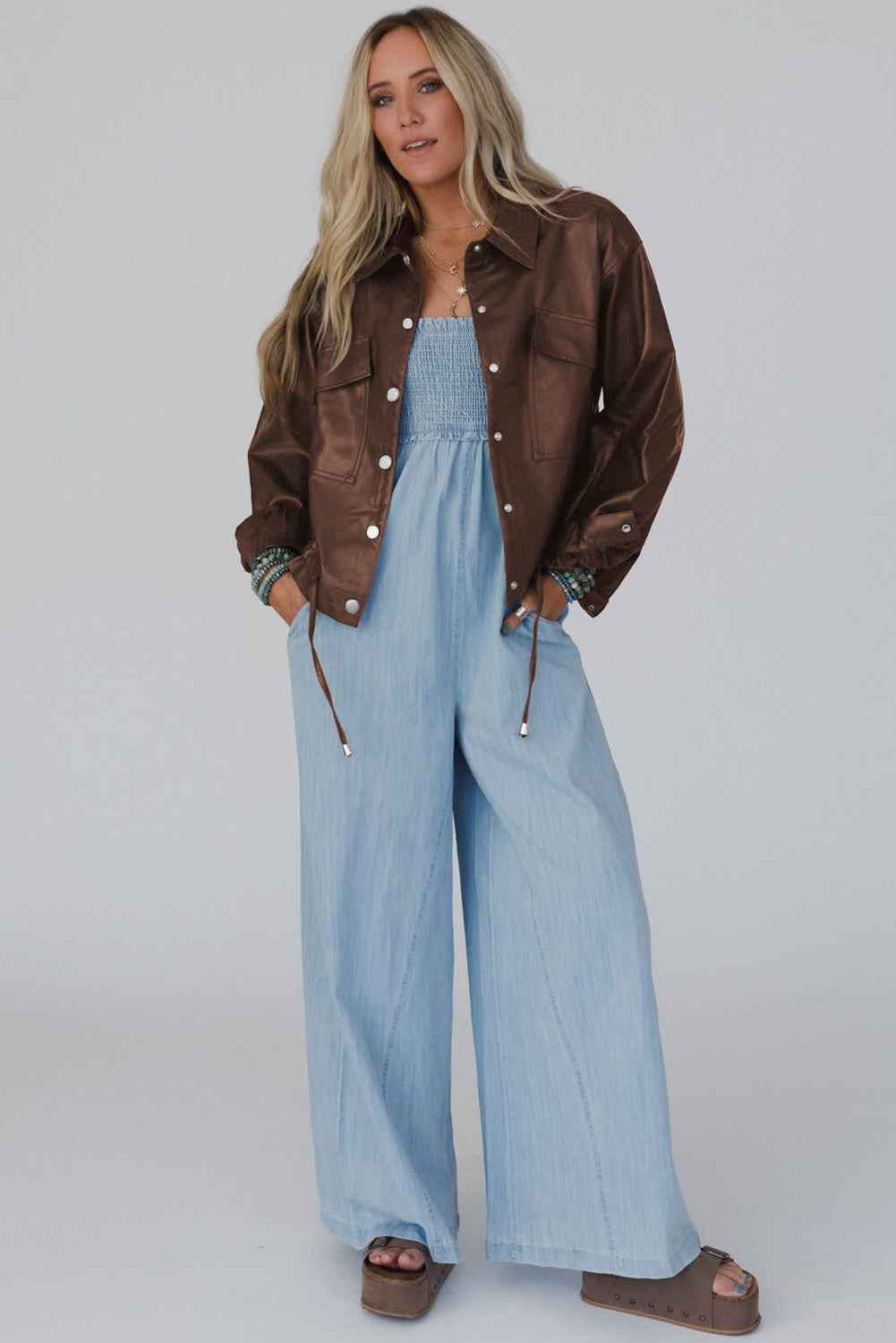 Chicory Coffee Flap Pocket Drawstring Hem Leather Jacket 3f5351a4d9710e2f