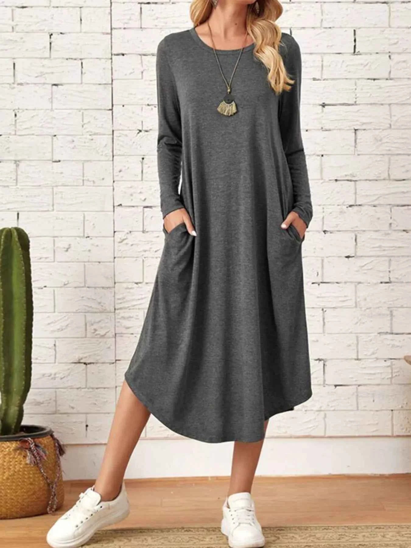 Casual Long Sleeve Pocket Midi Dress 3f562b56-7d77-4933-932e-34ca058c4e7b-Max-Origin