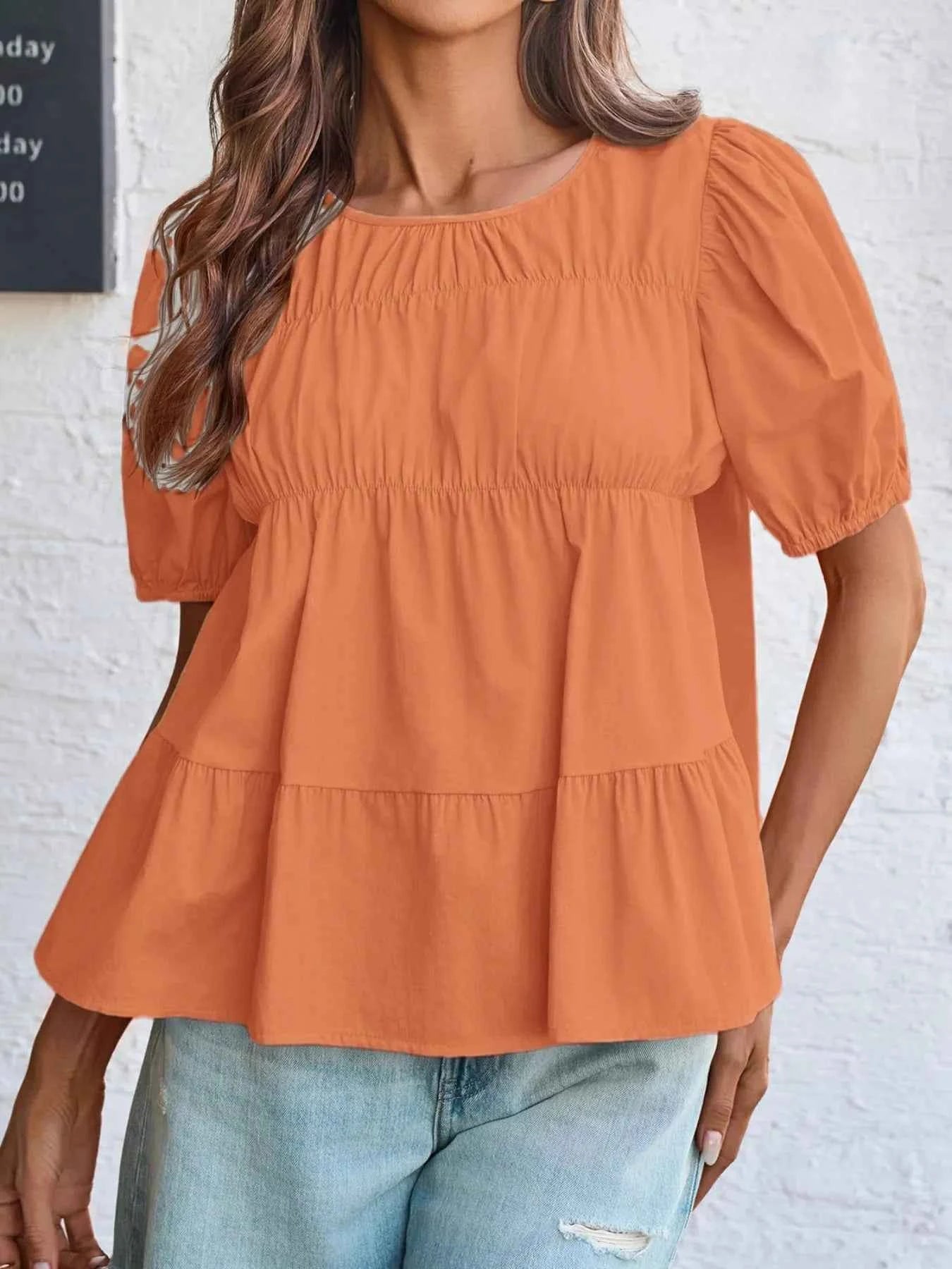 Tiered Round Neck Puff Sleeve Ruched Blouse Orange 3f5ee088-d843-4e8a-86c6-01eb1af02bd4-Max-Origin