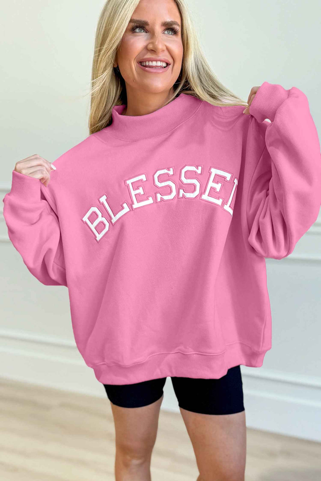 Sea Green Oversize Blessed Embroidered Mock Neck Sweatshirt 3f61698b02a80cda