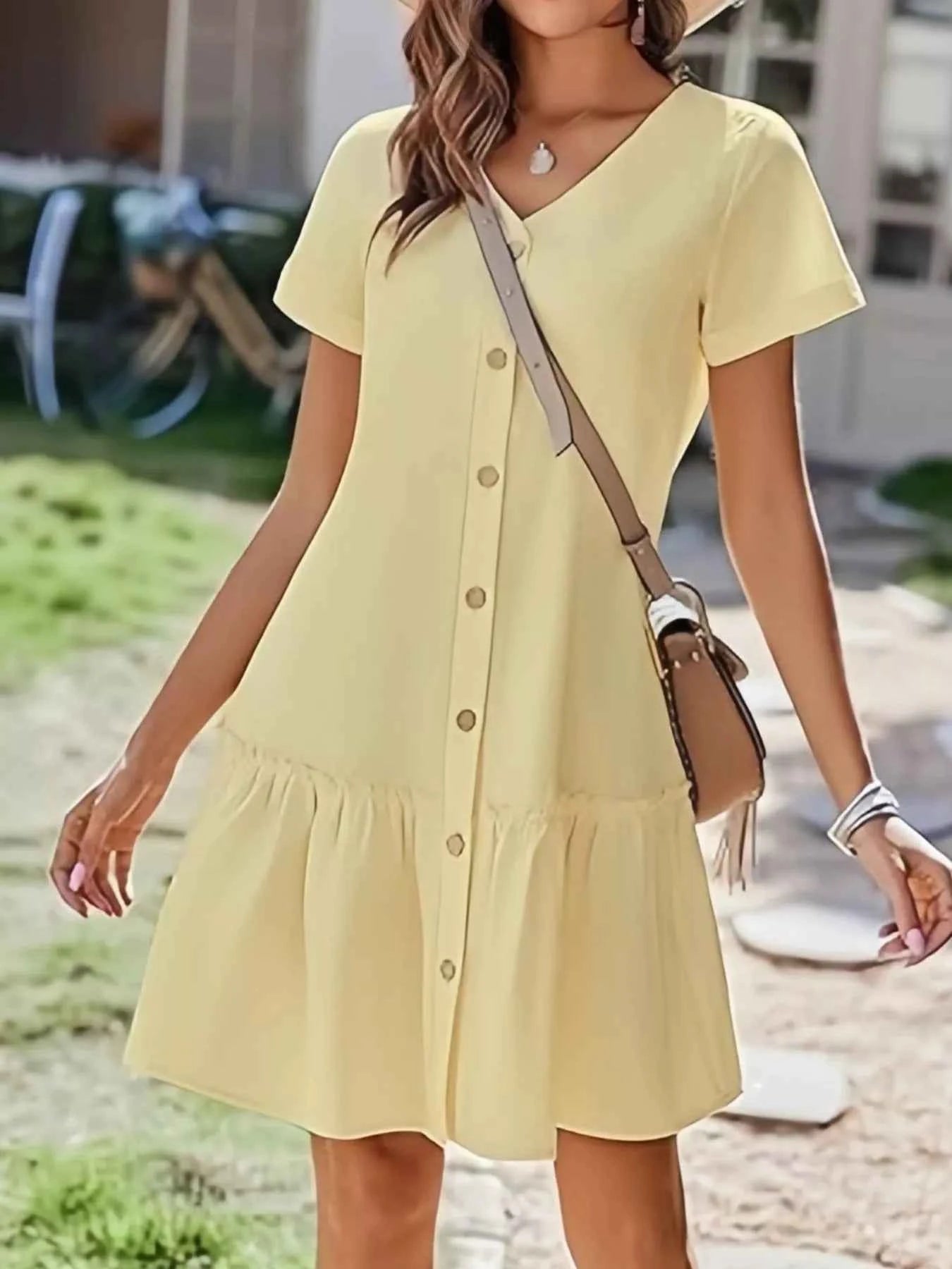 Full Size Button-Front Short Sleeve Tiered Dress Plus Size Beige 3f68aa0b-9b34-4a9a-9252-d842829a38d7-Max-Origin