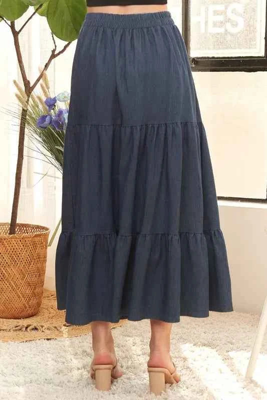 ADORA Waist Band Tiered Denim Maxi Skirt 3f69a717c12642db85a0a0aca74fefef-Max-Origin