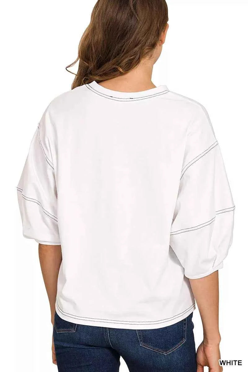 Zenana Balloon Sleeve Top with Contrast Stitching 3f6ab615624d416ab647dd60d6962b58-Max-Origin