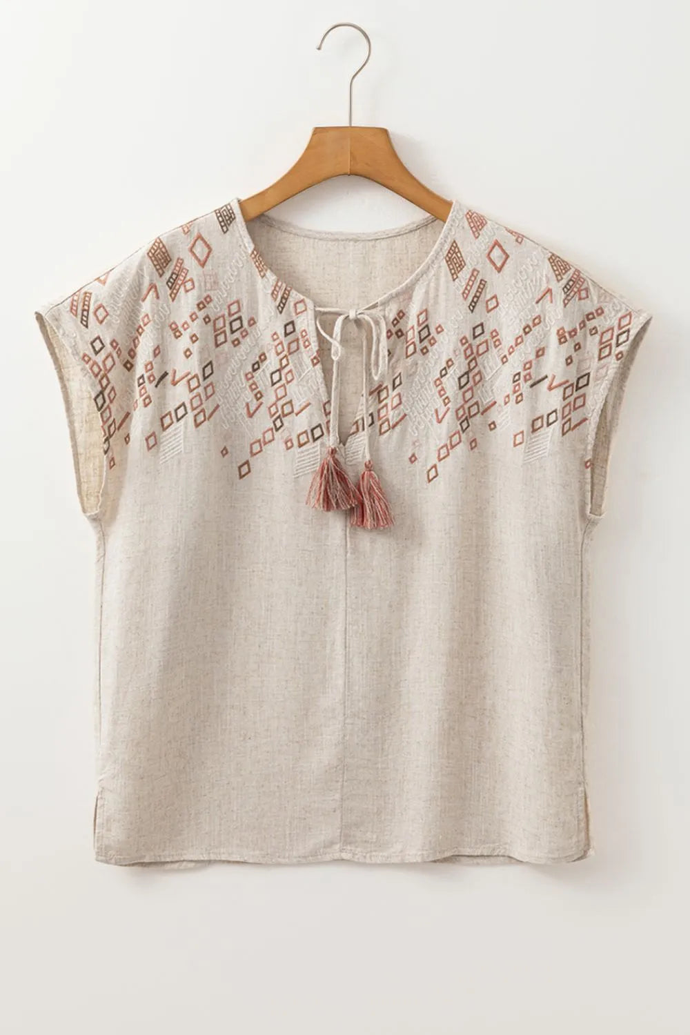 Geometric Embroidered Short Sleeve Tassel Tie Neck Blouse 3f6b1c36-84d6-4488-a98f-483f6f34fc59-Max-Origin
