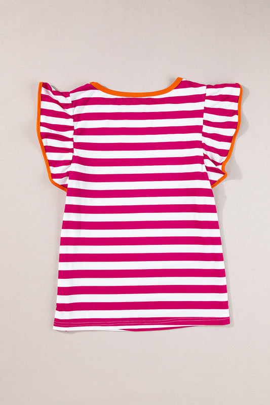 Rose Red Ruffle Sleeve Contrast Trim Striped Tee 3f6cb152d169c8be