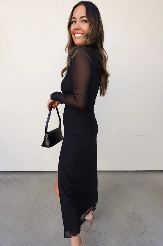 Black Sheer Mesh Long Sleeve Twisted Knot Side Slit Midi Dress 3f6e456f7d5e0a05