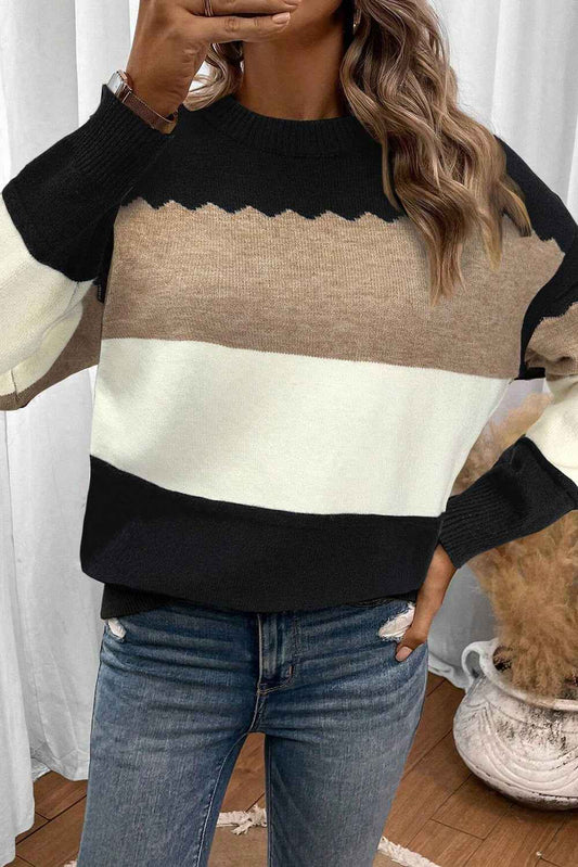 Black Colorblock Crew Neck Drop Shoulder Sweater 3f7473d8c331679e