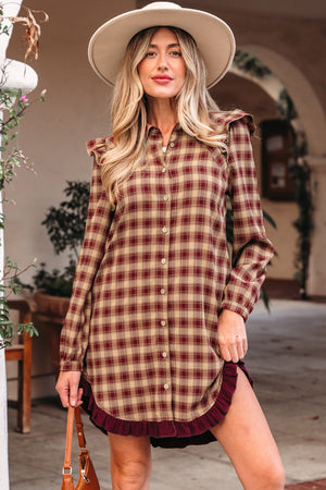 Red Plaid Print Ruffled Long Sleeve Patchwork Hem Mini Shirt Dress Red 65%Polyester+30%Viscose+5%Elastane 3f7a3c14b3956959