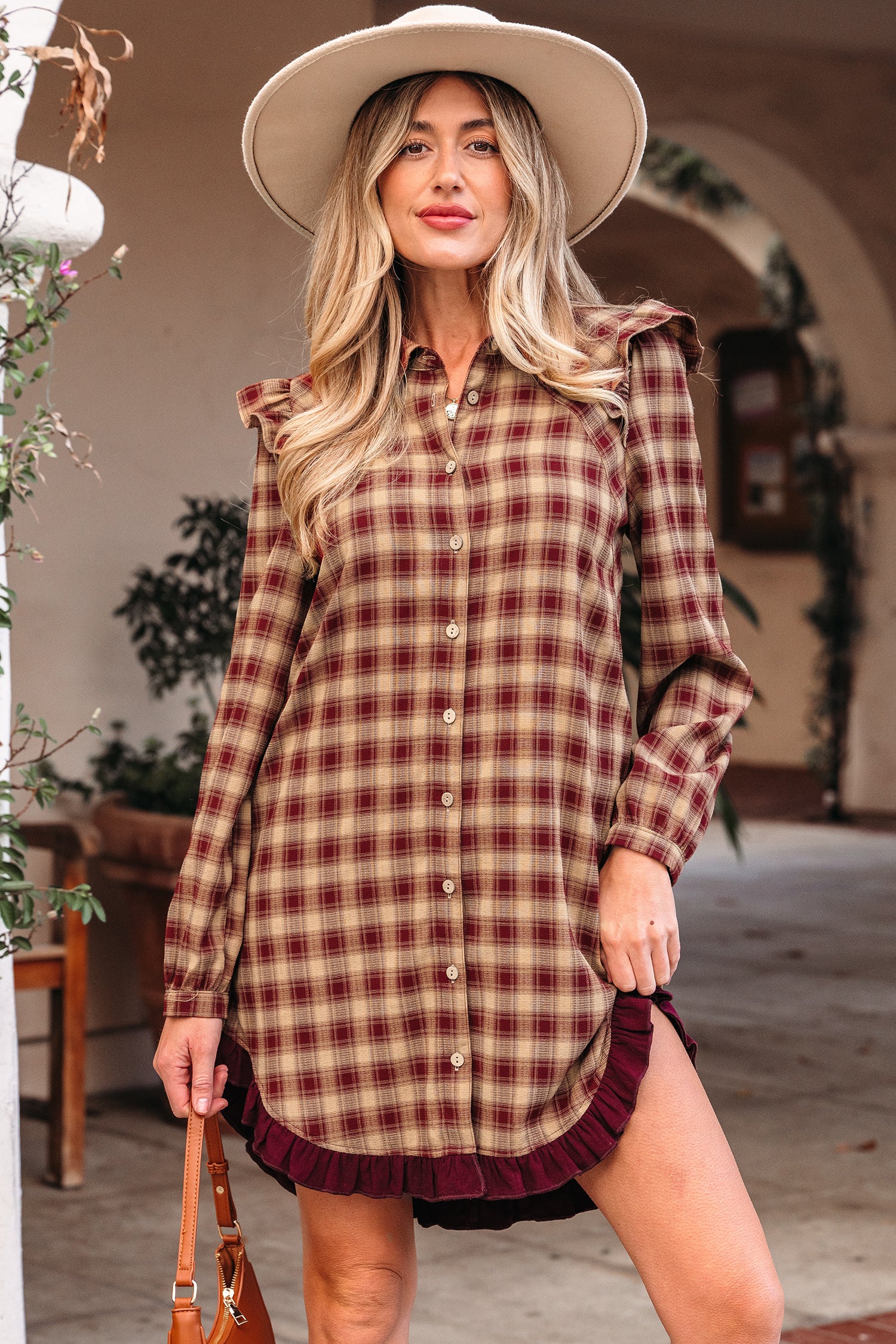 Red Plaid Print Ruffled Long Sleeve Patchwork Hem Mini Shirt Dress Red 65%Polyester+30%Viscose+5%Elastane 3f7a3c14b3956959