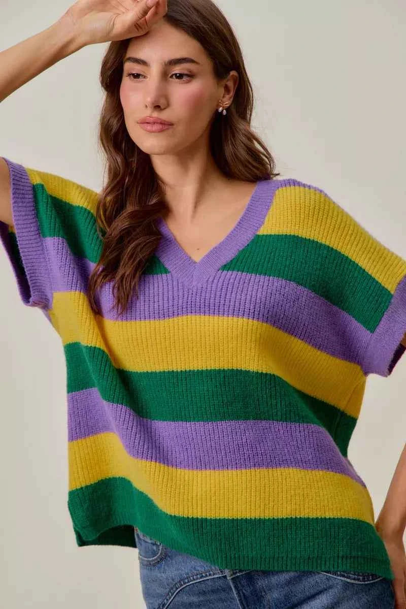 SO ME Mardi Gras Loose Fit V Neck Stripe Sweater Top 3f8b3082a17d4093a3d361e5613d5eeb-Max-Origin