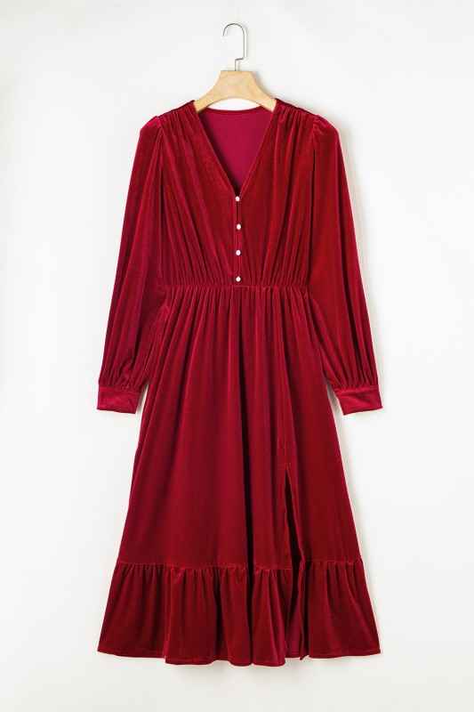 Olivia Velvet Buttoned Puff Sleeve V Neck Split Mi 3f8f01da-8adb-45e1-88c9-5096d72dab21