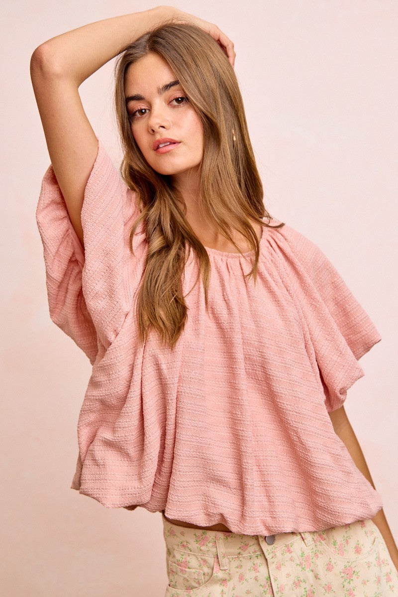 BiBi Stripes Textured Shirred Neckline Bubble Hem Top 3f982fafa1be4544b35a12f9138541e4-Max